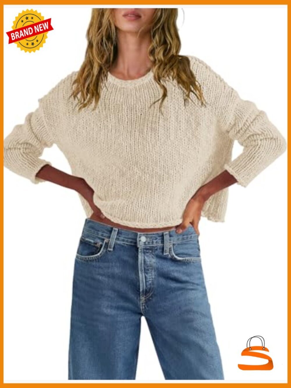 Oversized Cropped Chunky Knit Sweater Long Sleeve Mock Neck Pullover - Picture 2 of 7